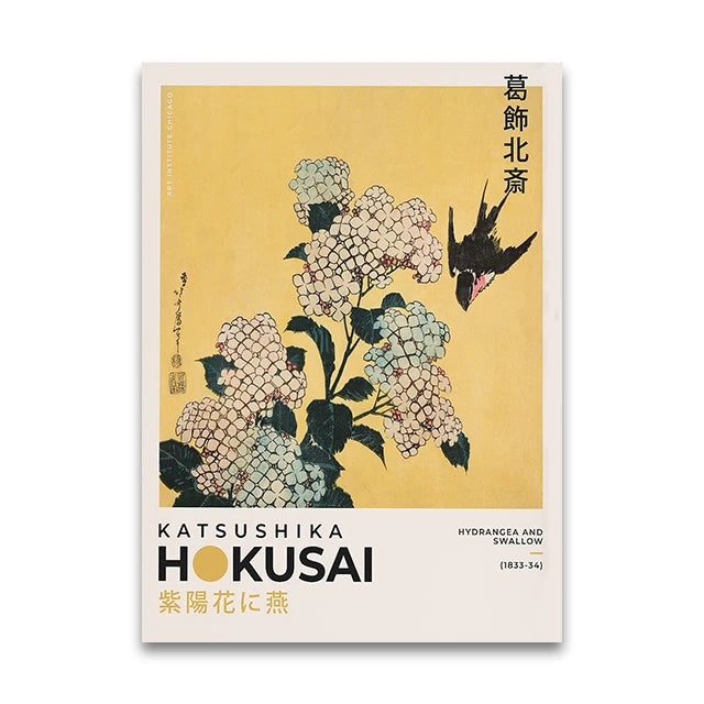 Book cover featuring Katsushika Hokusai's artwork with flowers and a swallow on a yellow background.