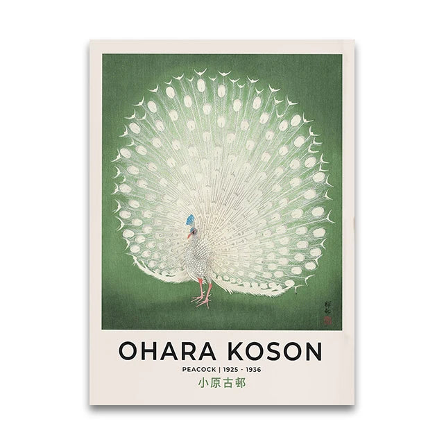 Poster of a peacock illustration by Ohara Koson on a green background