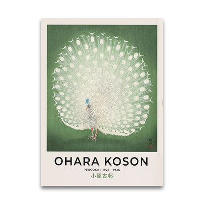 Poster of a peacock illustration by Ohara Koson on a green background