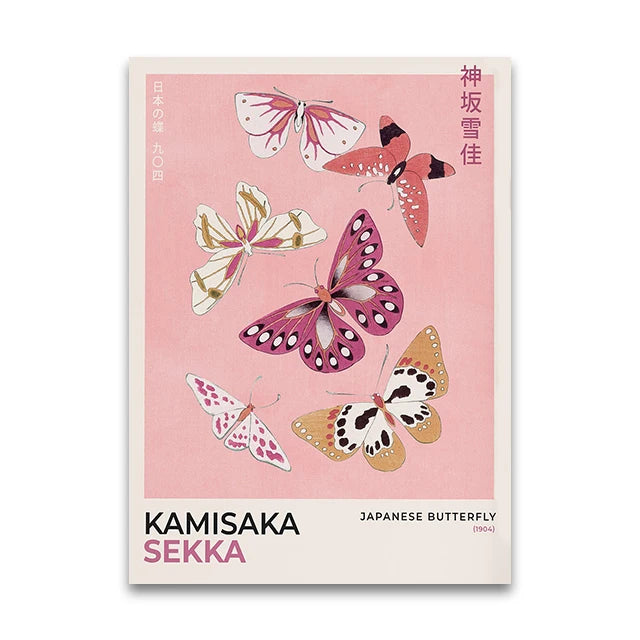 Book cover with illustrations of butterflies on a pink background, featuring the brand 'Kamisaka Sekka'.