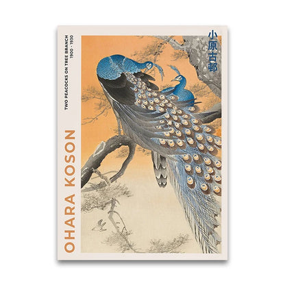 Book cover with artwork of two peacocks on a branch, featuring the artist Ohara Koson's name.