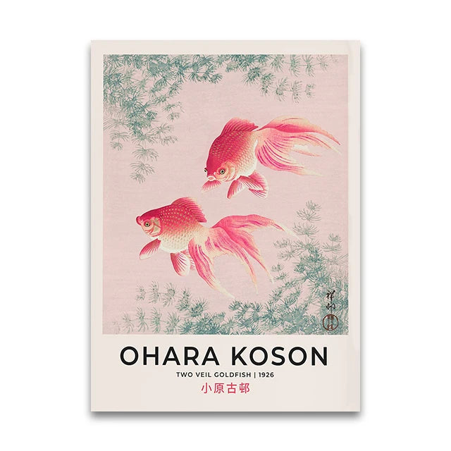 Poster with goldfish illustration and 'Ohara Koson' text on a light pink background