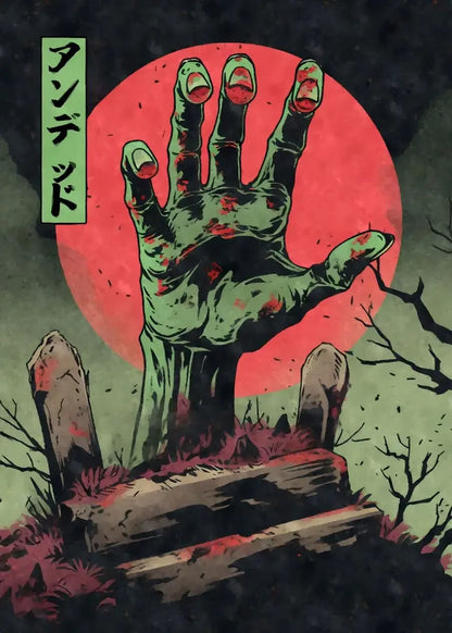 Zombie hand emerging from a grave with a red sun in the background