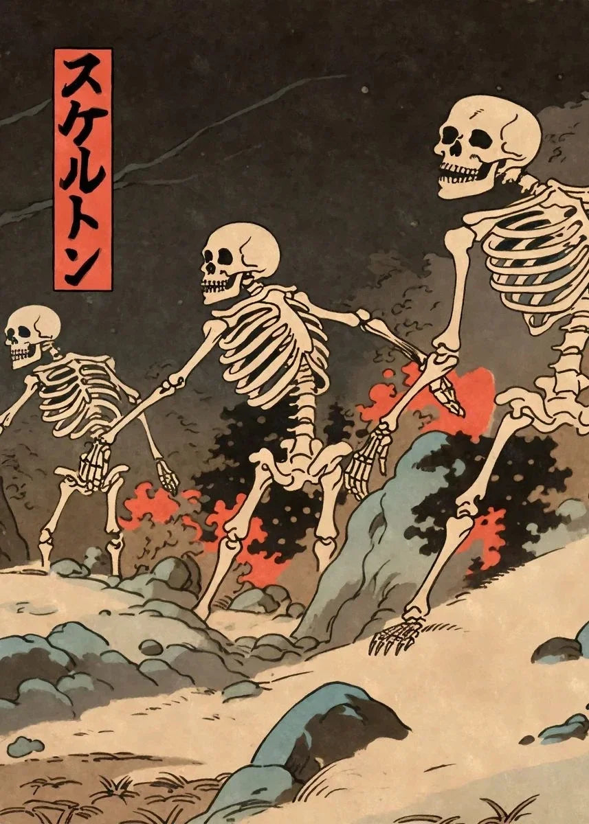 Skeletal figures in a dark, rocky landscape with a red banner on the left.