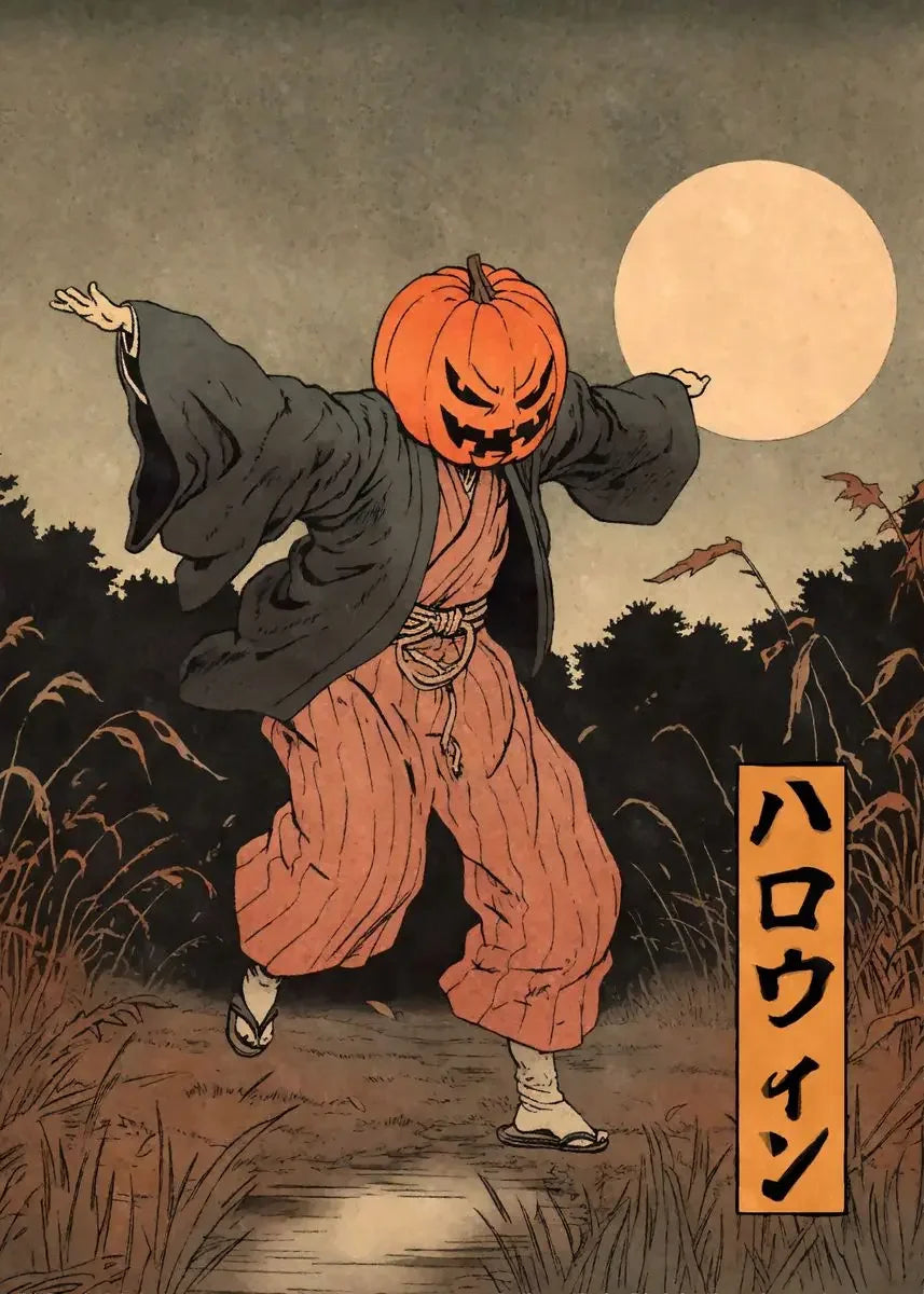 Person in traditional Japanese kimono with a pumpkin head in a field at night, with 'Halloween' text.