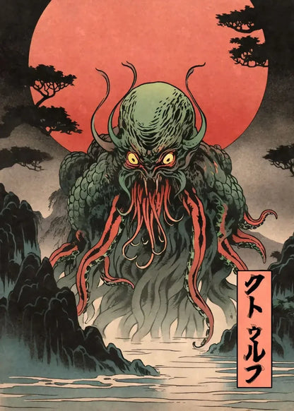 Monster-like creature with red accents against a red sun and dark landscape