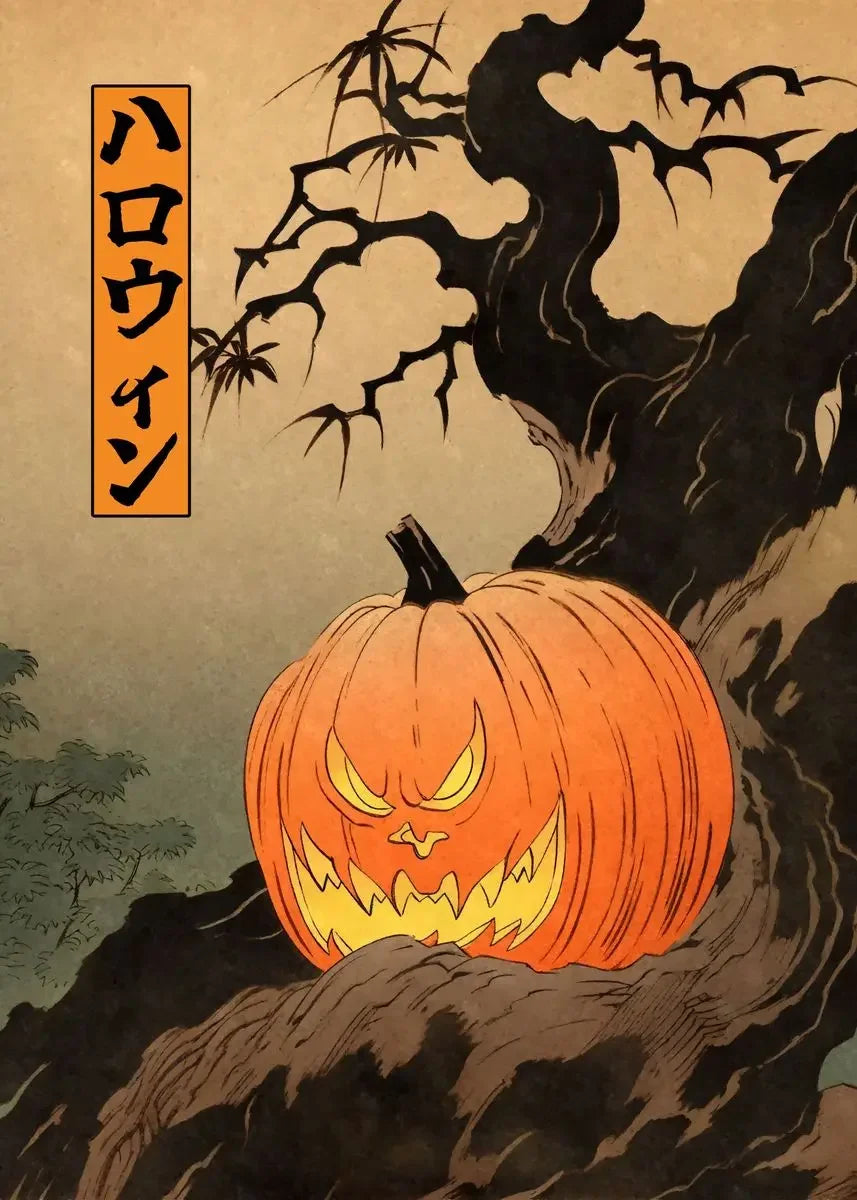 Halloween-themed illustration with a carved pumpkin and Japanese text on a beige background