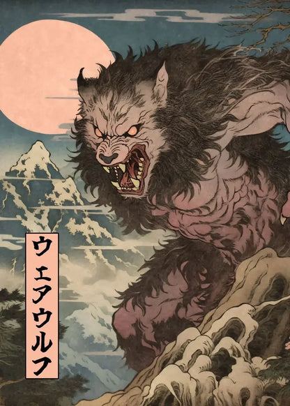 Illustration of a werewolf with Mount Fuji in the background