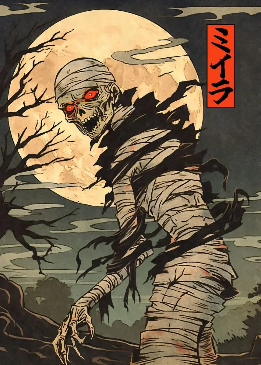 Mummy with red eyes against a moonlit sky with Japanese text