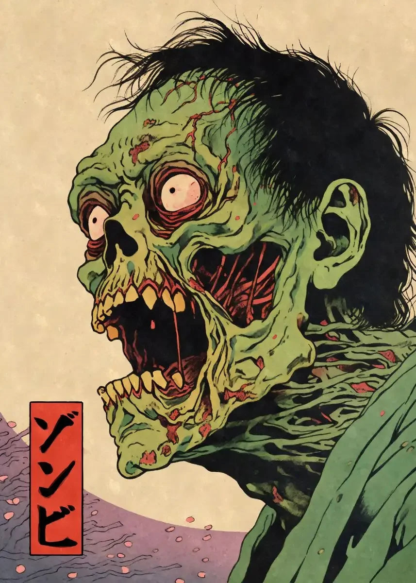 Illustration of a zombie with a distressed expression on a textured beige background.