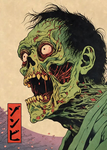 Illustration of a zombie with a distressed expression on a textured beige background.