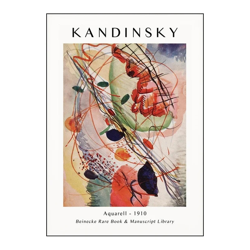 Abstract artwork by Kandinsky with colorful shapes and lines on a white background.