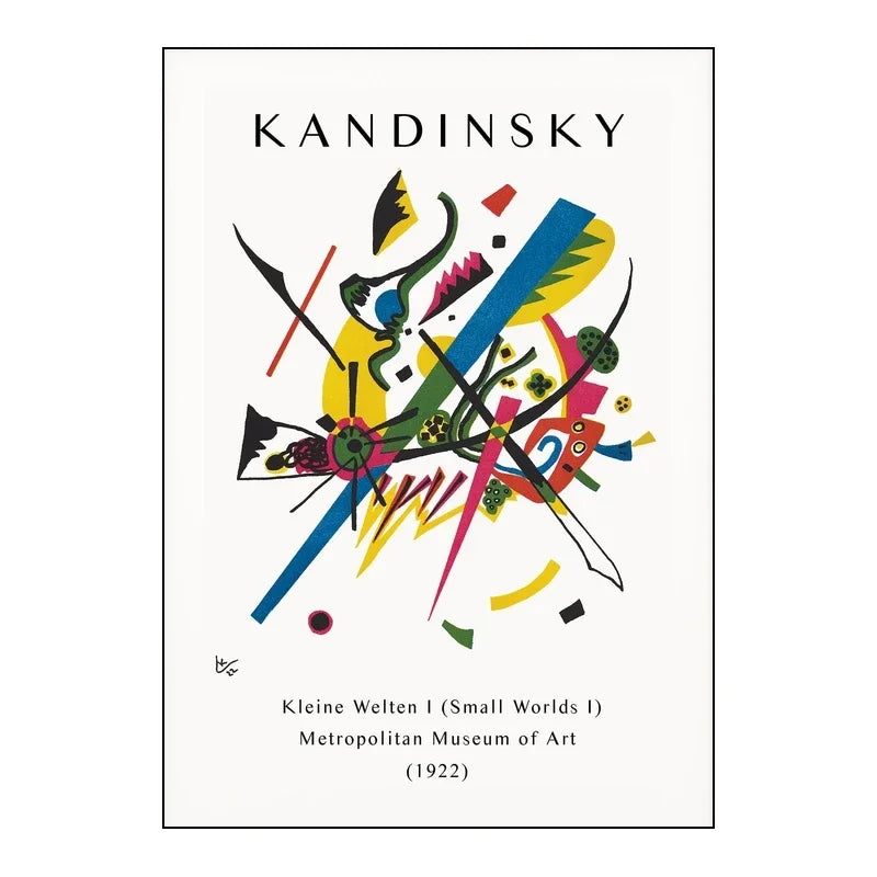 Abstract artwork with colorful geometric shapes and 'Kandinsky' text on a white background