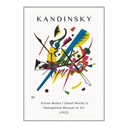 Abstract artwork with colorful geometric shapes and 'Kandinsky' text on a white background