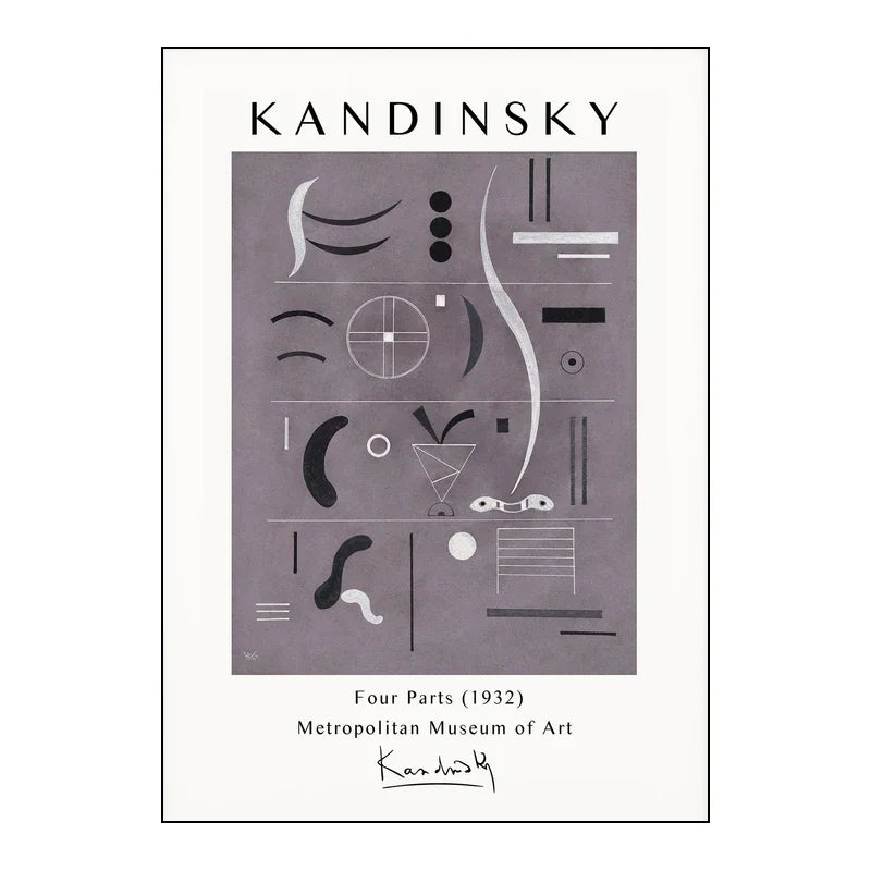 Abstract art poster with geometric shapes on a gray background, featuring the name Kandinsky.