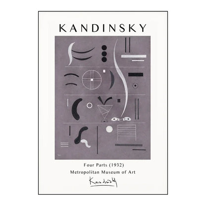 Abstract art poster with geometric shapes on a gray background, featuring the name Kandinsky.