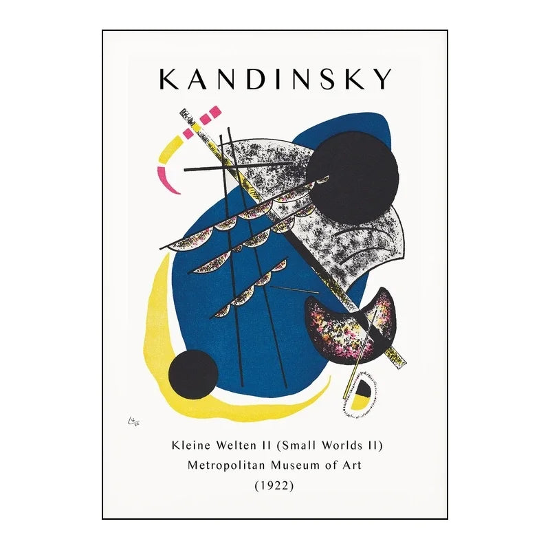Abstract art piece with geometric shapes and text, featuring the artist Kandinsky.