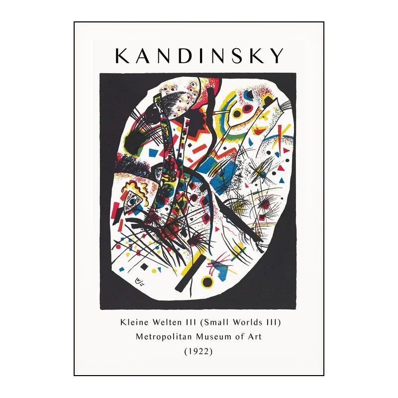 Abstract artwork by Kandinsky with colorful geometric shapes on a black background, featuring the Metropolitan Museum of Art.