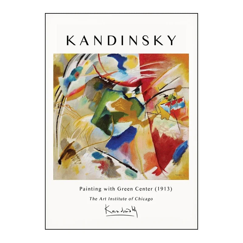 Abstract painting by Kandinsky with colorful shapes on a white background