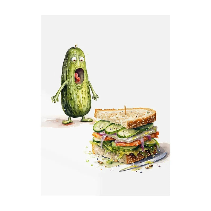 Animated pickle character next to a sandwich on a white background
