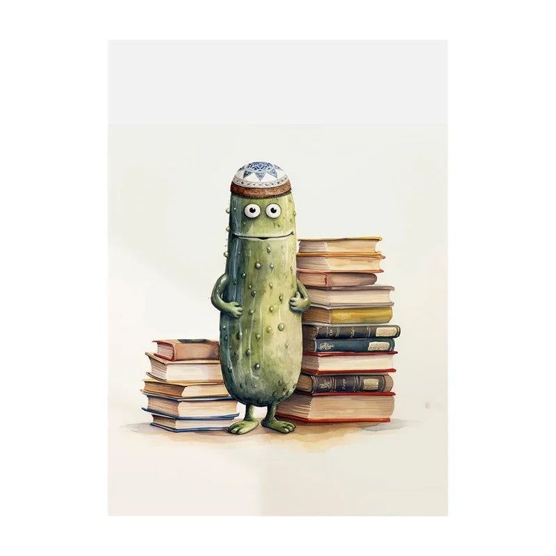 Illustration of a pickle-like creature with a crown on top of books