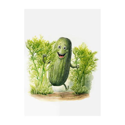 Cartoon cucumber character surrounded by plants on a white background