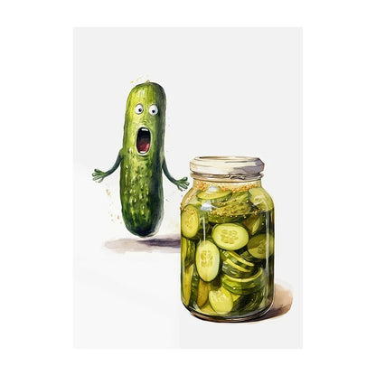 Animated pickle with arms and legs next to a jar of pickles on a white background