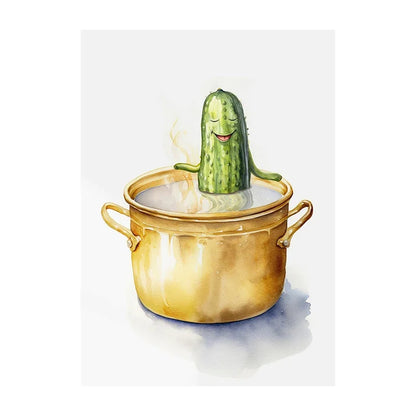 Illustration of a smiling cucumber in a pot with steam on a white background