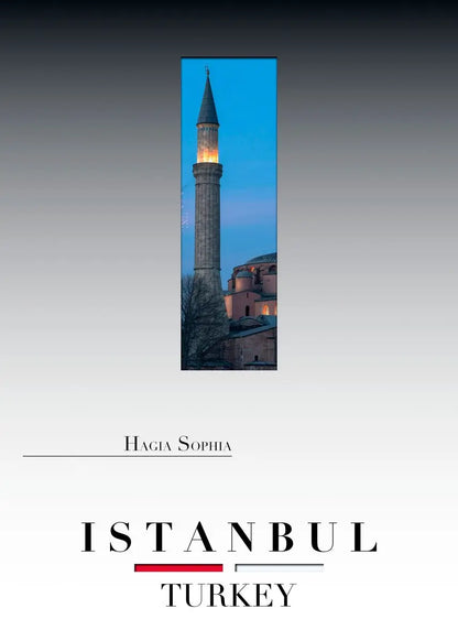 Minaret of Hagia Sophia with 'Istanbul, Turkey' text on a white background