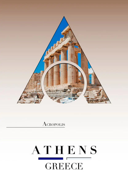 Triangular design with Parthenon and 'Acropolis Athens Greece' text