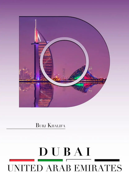 Promotional poster for Dubai, United Arab Emirates with a cityscape and colorful skyline.