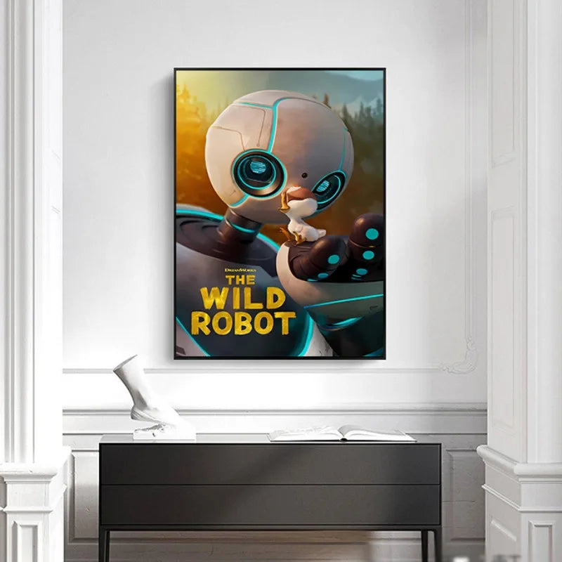 Poster of 'The Wild Robot' with a robot design on a white wall above a black shelf.