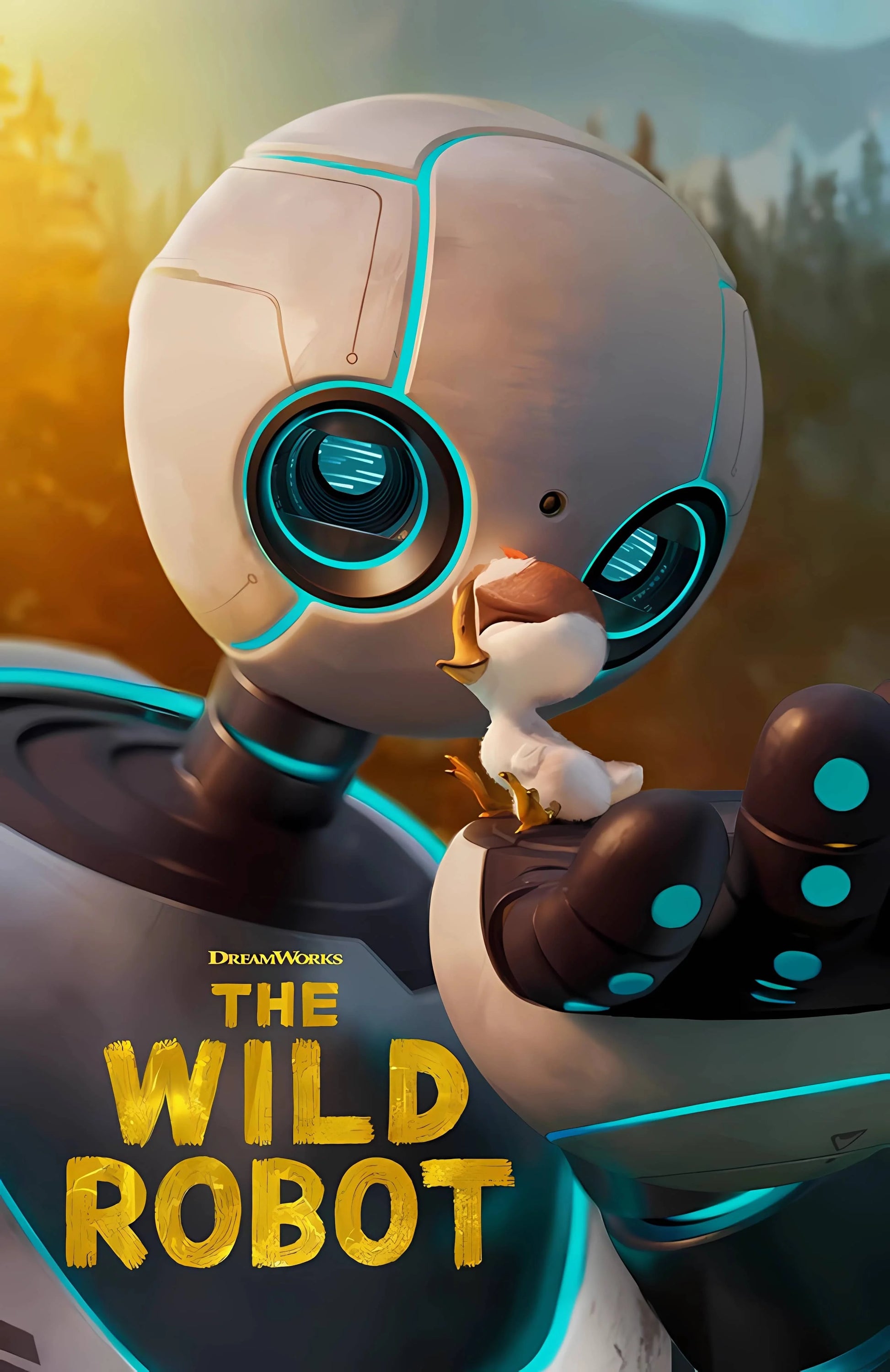 Robotic figure with a duck-like creature against a scenic background, featuring the title 'The Wild Robot'.