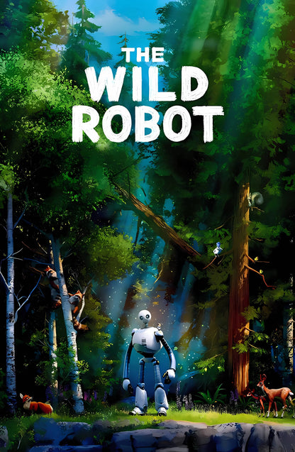 Poster of 'The Wild Robot' with a robot in a forest setting
