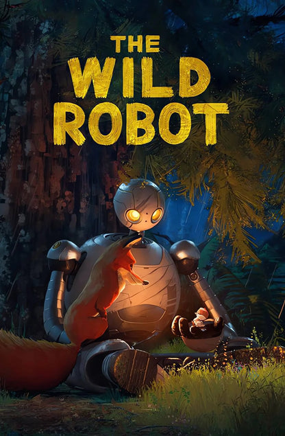 Poster of 'The Wild Robot' with a robot and fox in a forest setting