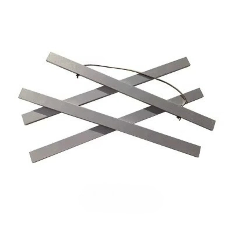 Metallic strip with a central circular component on a white background