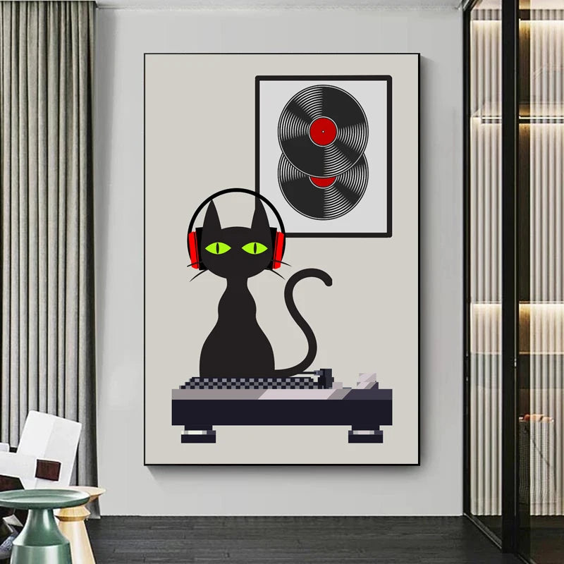 Framed artwork of a black cat with headphones and a vinyl record on a wall.