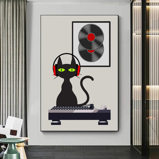 Framed artwork of a black cat with headphones and a vinyl record on a wall. Canvas & Curio