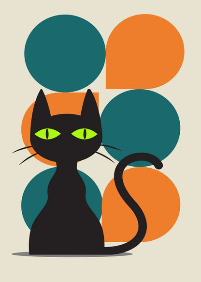 Black cat illustration with green eyes on a beige background with orange and blue circles.