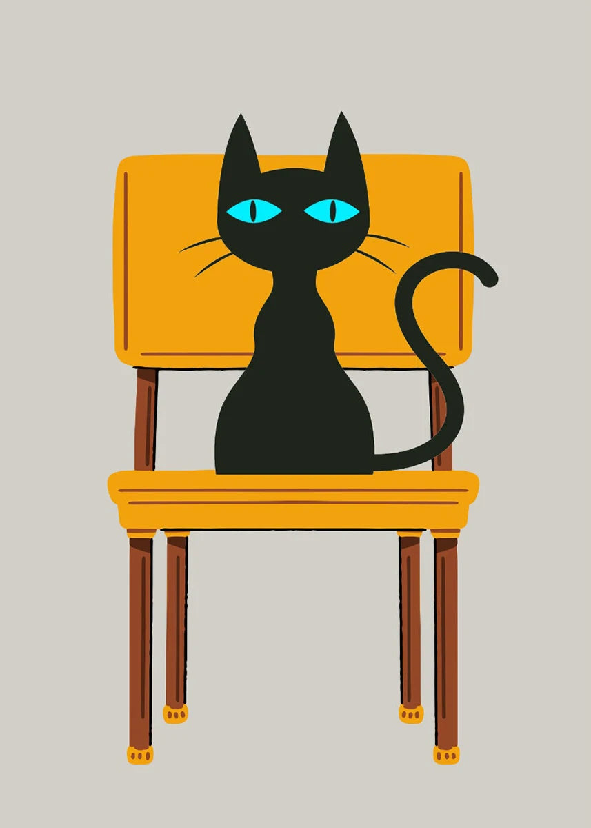 Black cat with blue eyes sitting on a yellow chair against a gray background