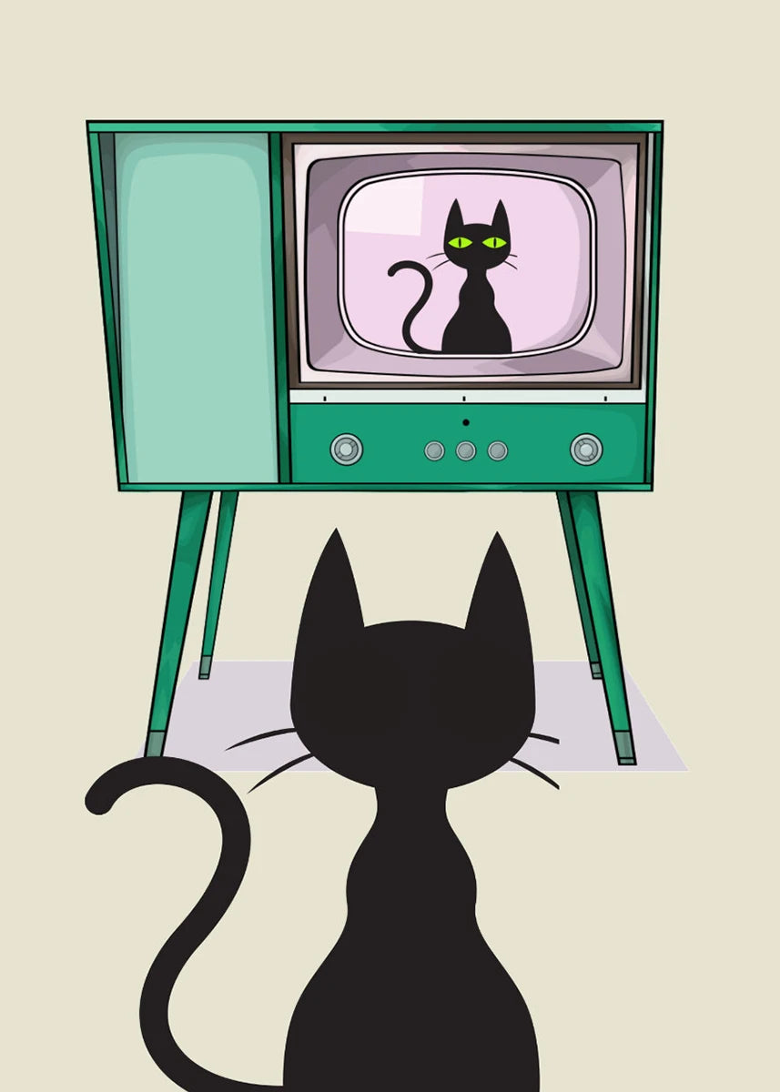 Illustration of a black cat looking at itself on a vintage green TV screen.