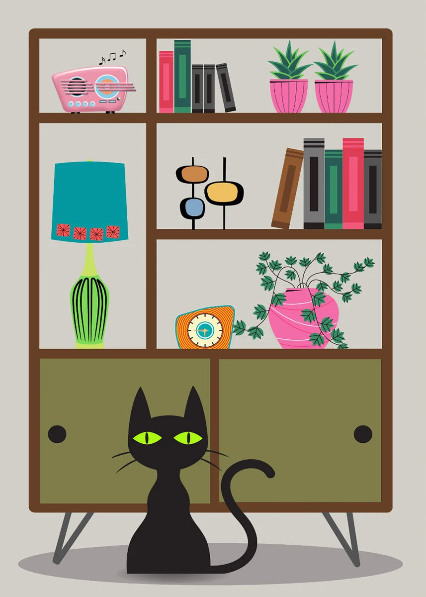 Illustration of a black cat in front of a bookshelf with various items on shelves.