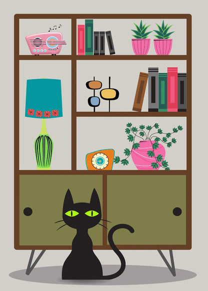 Illustration of a black cat in front of a bookshelf with various items on shelves.