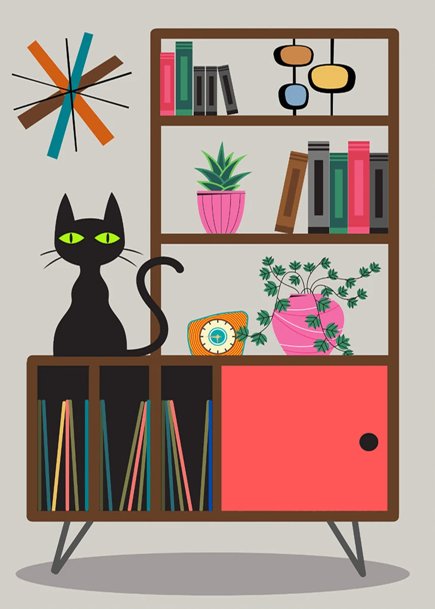 Illustration of a bookshelf with books, plants, and a clock, featuring a black cat.