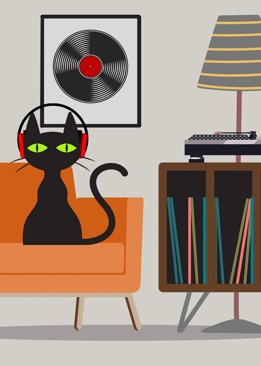 Illustration of a black cat with headphones on an orange couch in a room with vinyl records and a lamp.