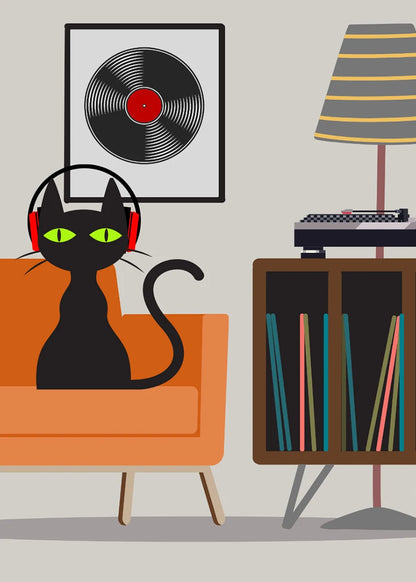 Illustration of a black cat with headphones on an orange couch in a room with vinyl records and a lamp.