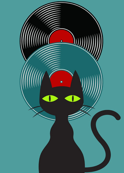 Black cat with green eyes and a vinyl record on a teal background