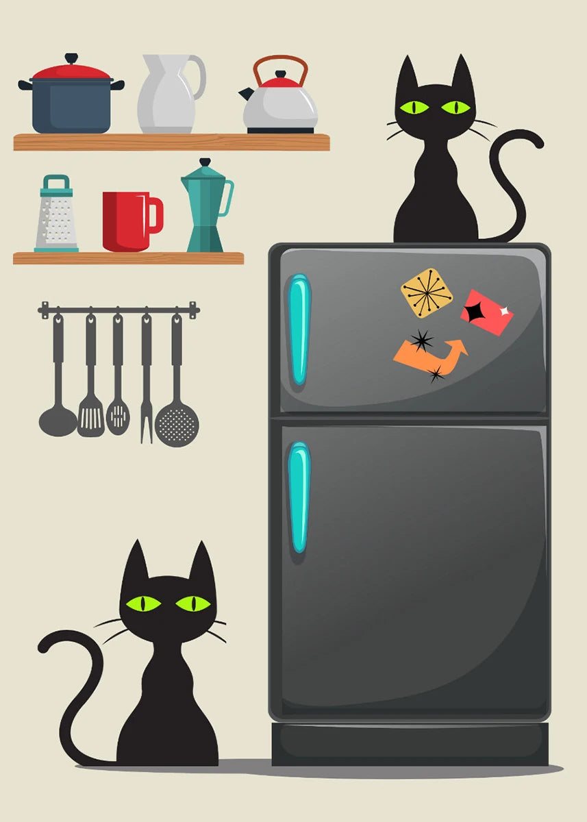 Illustration of a kitchen with a refrigerator, cats, and kitchen utensils.