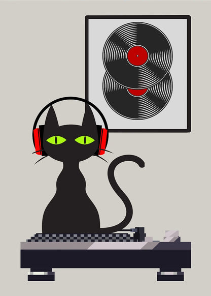 Black cat with red headphones on a turntable, vinyl record artwork on the wall.