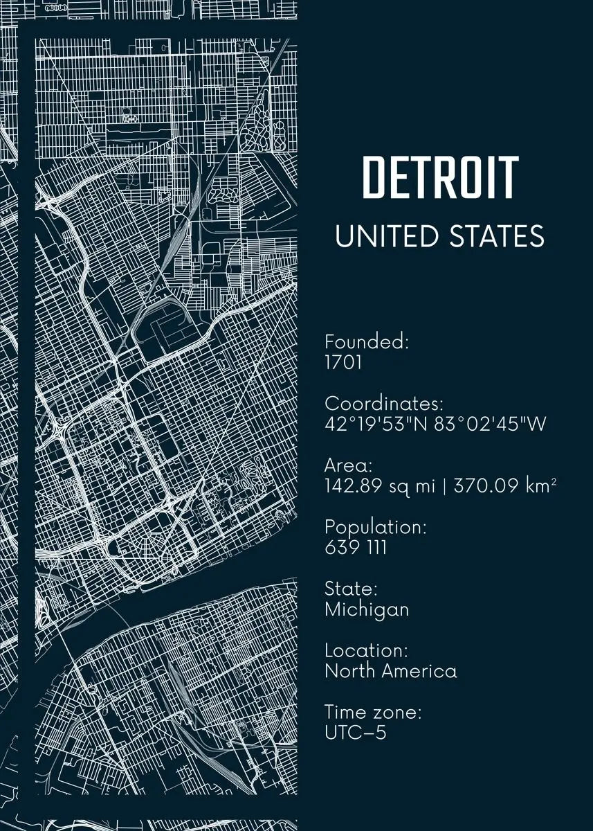Map of Detroit, United States with text details on a dark blue background
